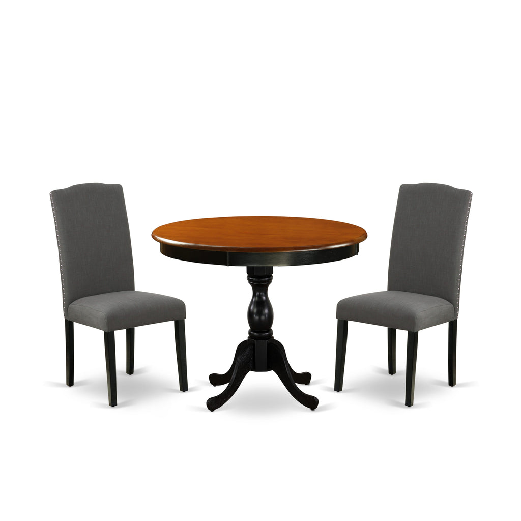 AMEN3-Q15-QQ Trio Dining Ensemble Round Pedestal Table & Two Upholstered Gotham Linen Seats, 36 Black & Cherry