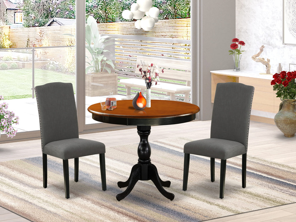AMEN3-Q15-QQ Trio Dining Ensemble Round Pedestal Table & Two Upholstered Gotham Linen Seats, 36 Black & Cherry