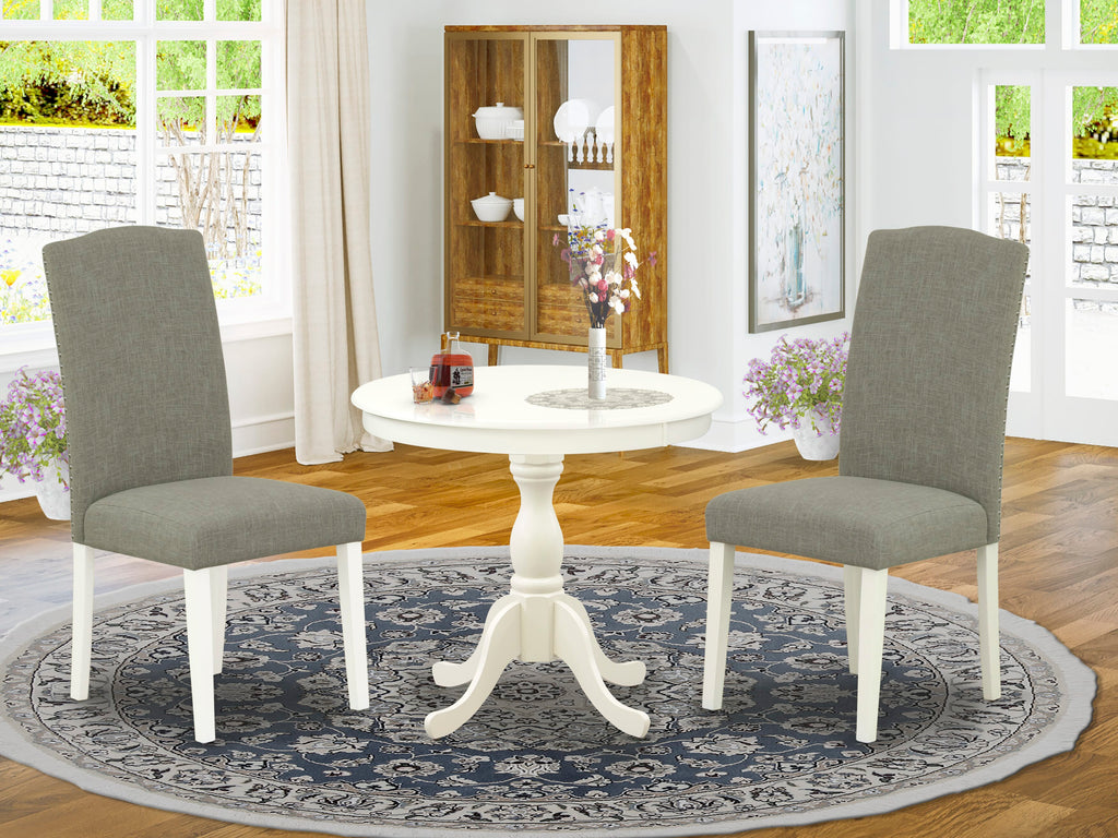 AMEN3-0RH-VR 3-Piece Dining Collection Round Table with Pedestal & 2 Upholstered Chairs, 36 Linen White