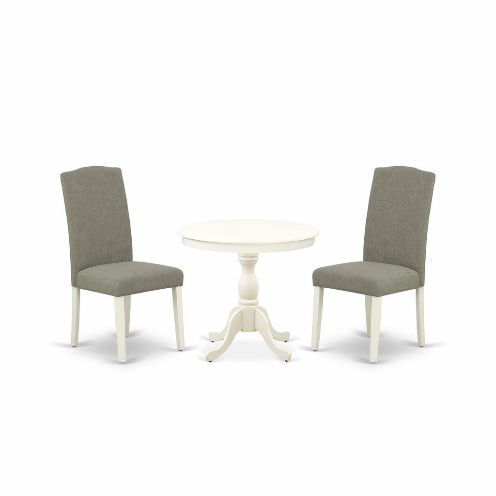 AMEN3-0RH-VR 3-Piece Dining Collection Round Table with Pedestal & 2 Upholstered Chairs, 36 Linen White