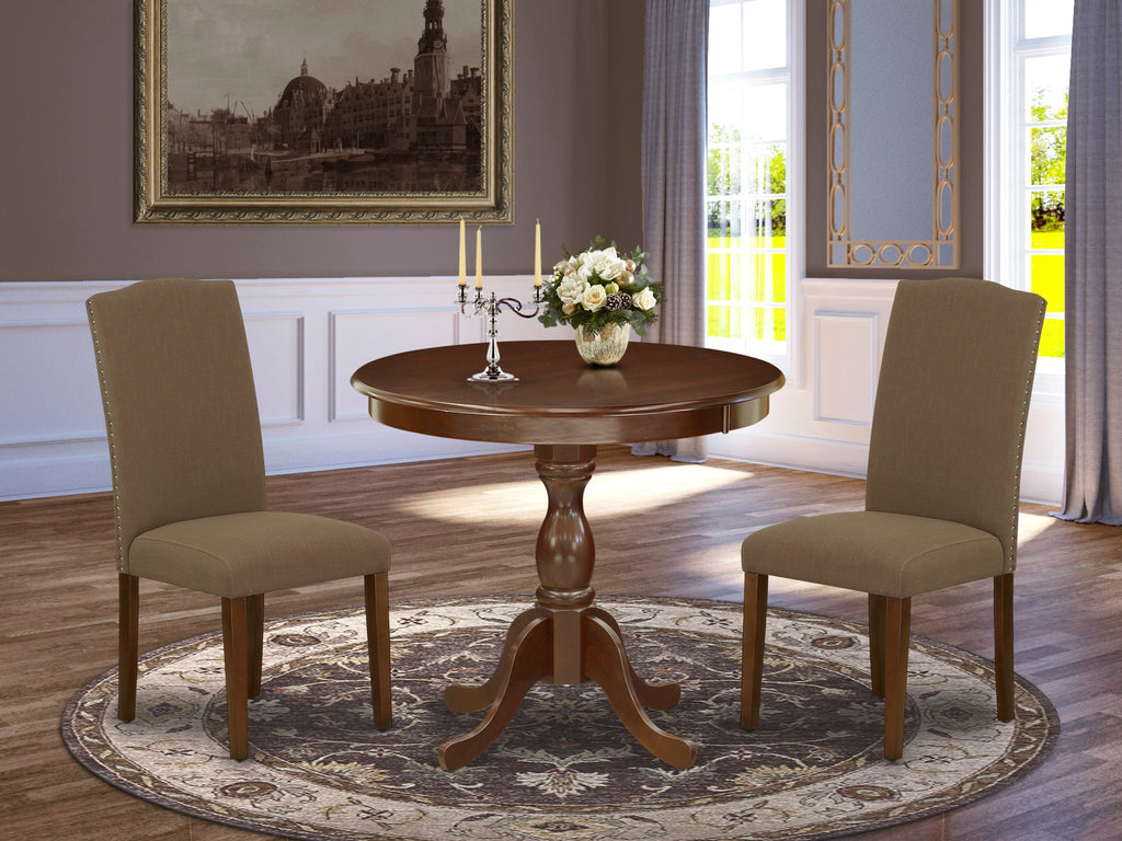 AMEN3-VY2-6O Versatile 3-Piece Dining Set Round Table & Upholstered Chairs, 36 Inch, Dark Coffee Finish