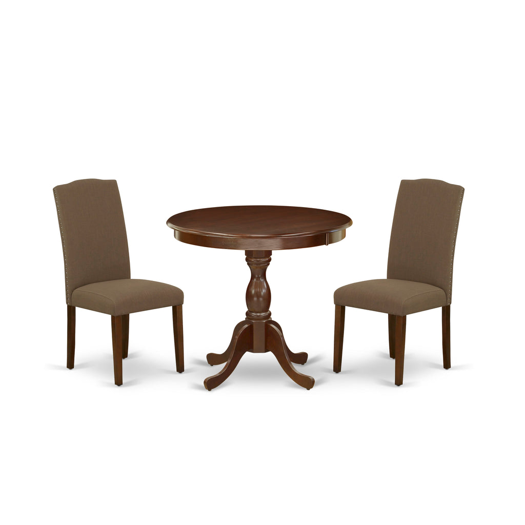 AMEN3-VY2-6O Versatile 3-Piece Dining Set Round Table & Upholstered Chairs, 36 Inch, Dark Coffee Finish
