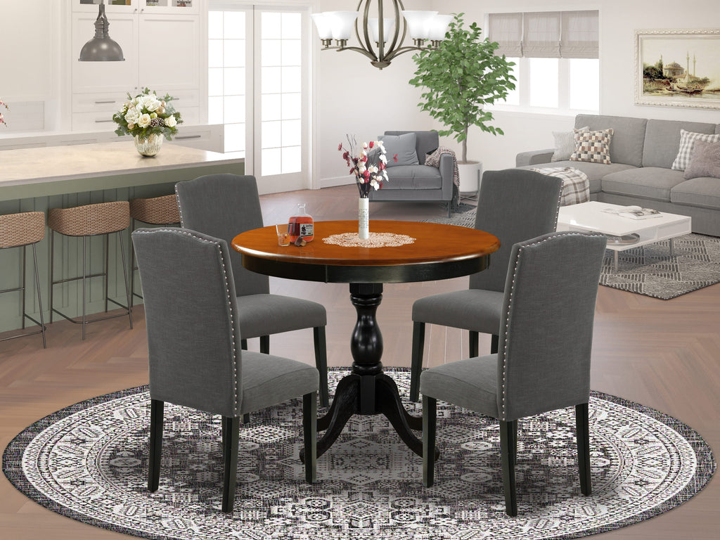 AMEN5-CNL-T5 5-Piece Dining Ensemble with Round Table & Gothic Linen Parson Chairs, 36 in Black Cherry Finish