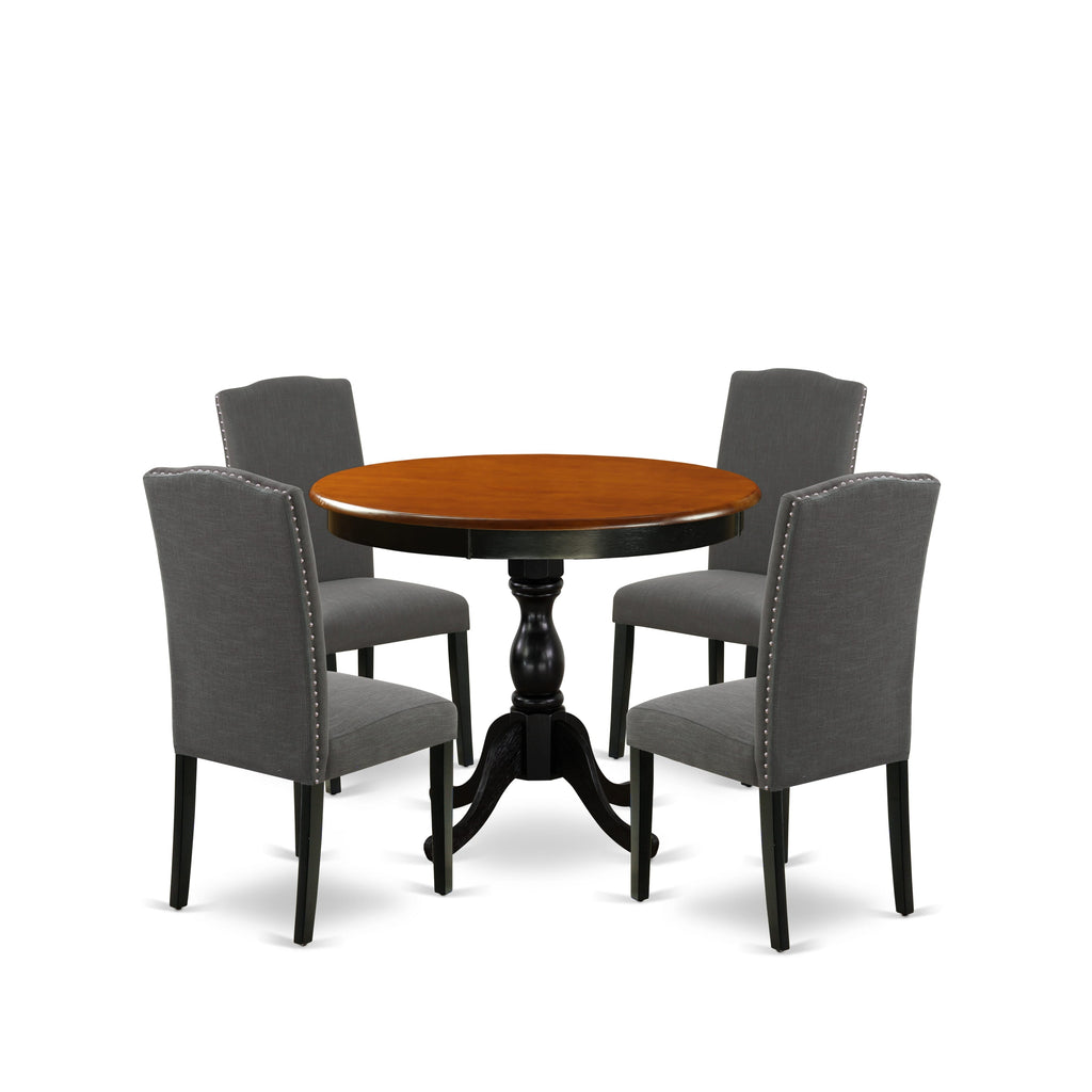 AMEN5-CNL-T5 5-Piece Dining Ensemble with Round Table & Gothic Linen Parson Chairs, 36 in Black Cherry Finish