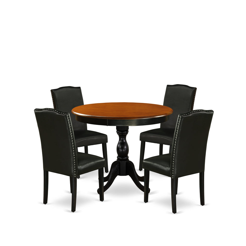 AMEN5-TRD-L1 5-Piece Dining Ensemble for 4 with Round Pedestal Charcoal Black Table & Cherry Faux Leather Chairs, 36in