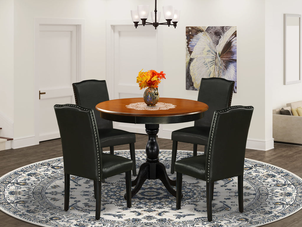 AMEN5-TRD-L1 5-Piece Dining Ensemble for 4 with Round Pedestal Charcoal Black Table & Cherry Faux Leather Chairs, 36in