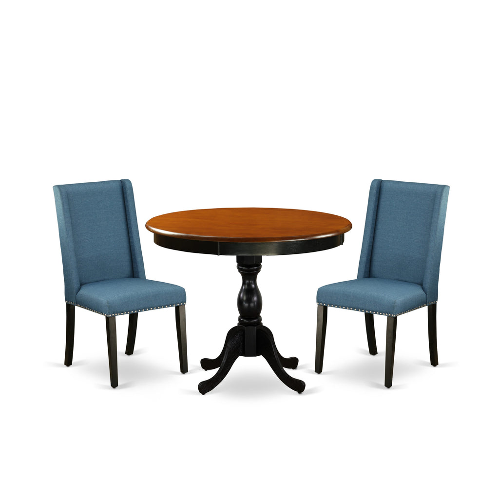 AMFL3-24T-1C 3-Piece Dining Set Round Pedestal Table & 2 Blue Linen Chairs, 36 Black-Cherry