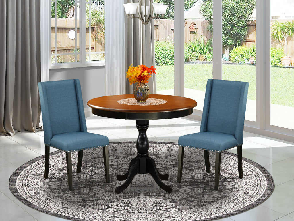 AMFL3-24T-1C 3-Piece Dining Set Round Pedestal Table & 2 Blue Linen Chairs, 36 Black-Cherry