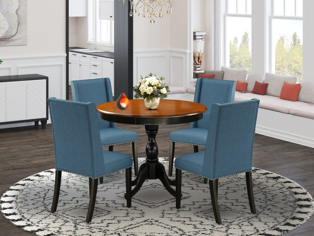 AMFL5-SZN-B2 5-Piece Dining Set with 4 Blue Linen Chairs and Round Pedestal Table in Cherry & Black, 36x36 Inches