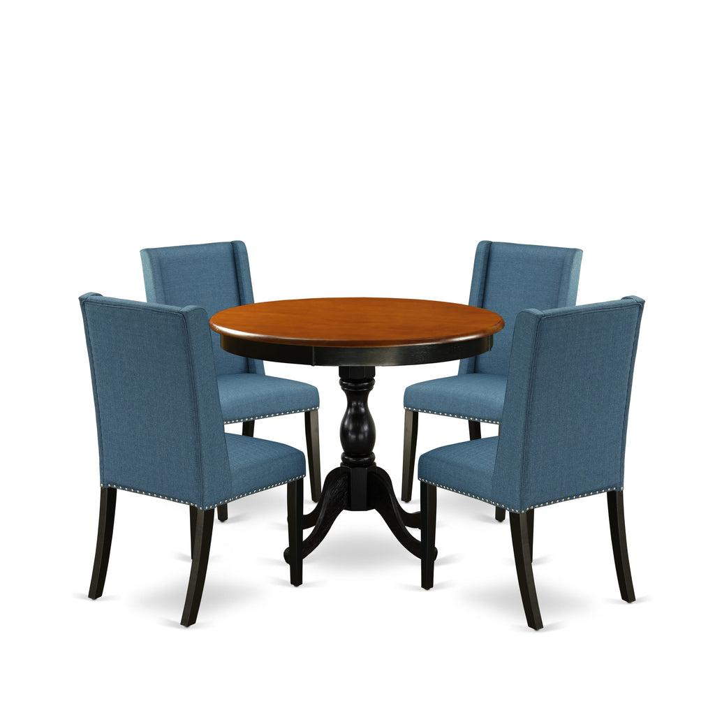 AMFL5-SZN-B2 5-Piece Dining Set with 4 Blue Linen Chairs and Round Pedestal Table in Cherry & Black, 36x36 Inches