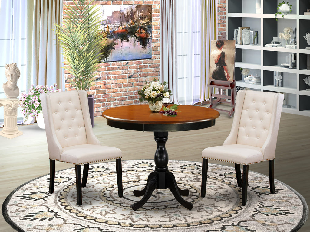 AMFO3-EH0-L3 Chic Dining Set 3-Piece Round Table with Pedestal and 2 Cream Upholstered Chairs, 36-Inch, Black & Cherry Elegance