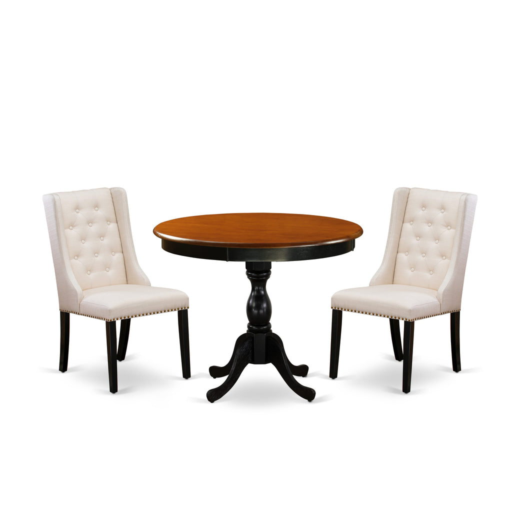 AMFO3-EH0-L3 Chic Dining Set 3-Piece Round Table with Pedestal and 2 Cream Upholstered Chairs, 36-Inch, Black & Cherry Elegance