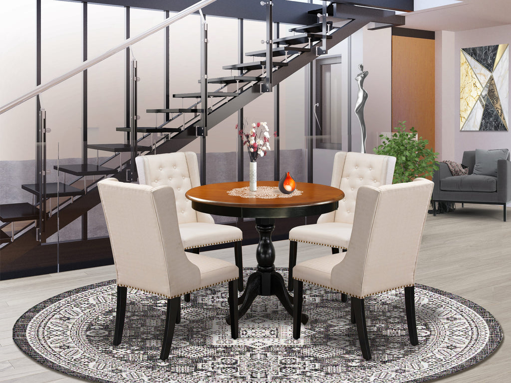 AMFO5-U18-5K 5-Piece Dining Ensemble with Pedestal Table & Cream Linen Chairs, 36 Black & Cherry Set