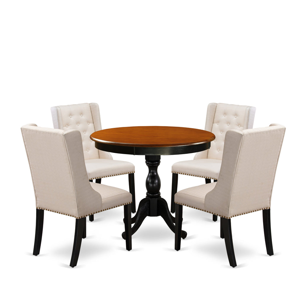 AMFO5-U18-5K 5-Piece Dining Ensemble with Pedestal Table & Cream Linen Chairs, 36 Black & Cherry Set