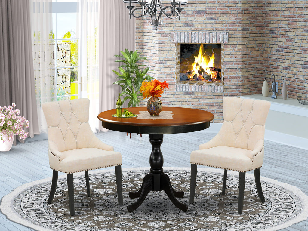 AMFR3-EMM-KX 3-Piece Dining Set featuring Round Pedestal Table with Black and Cherry Finish and Two Linen Chairs, 36