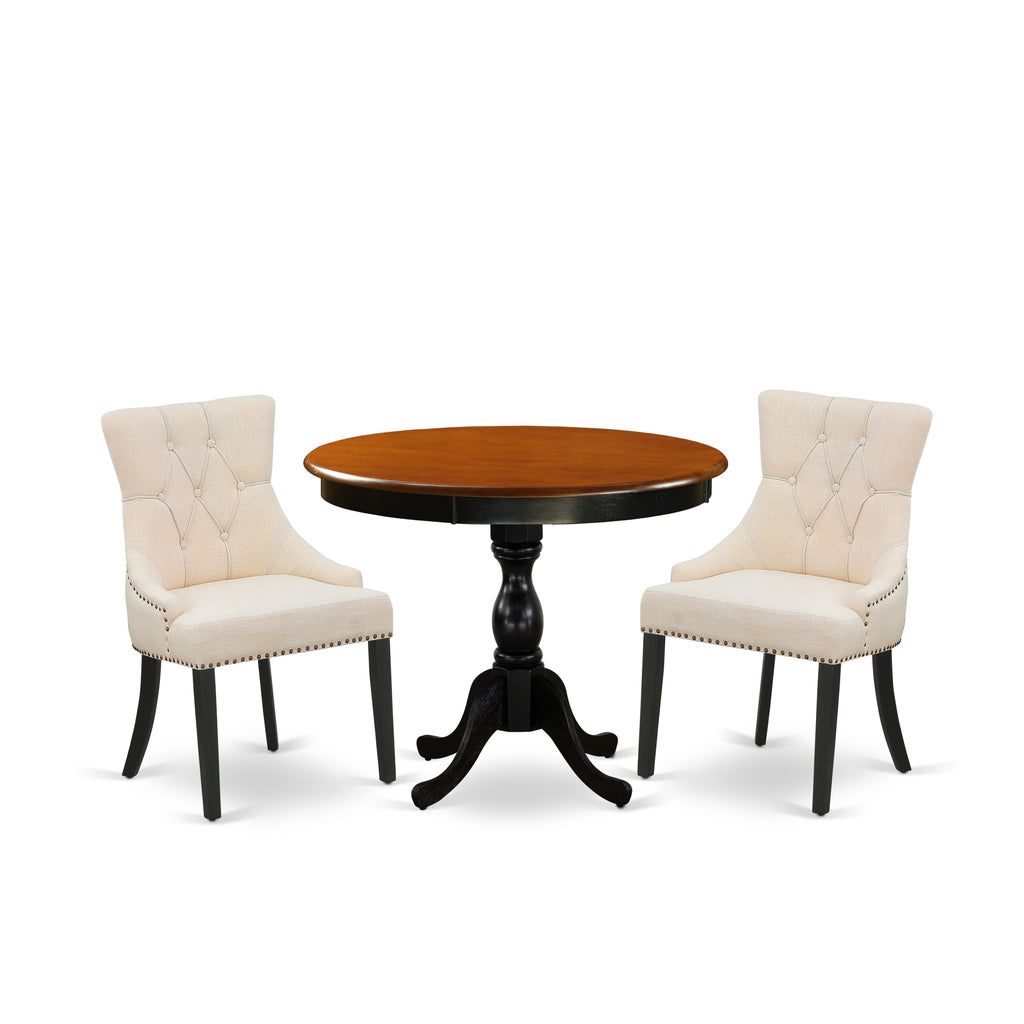 AMFR3-EMM-KX 3-Piece Dining Set featuring Round Pedestal Table with Black and Cherry Finish and Two Linen Chairs, 36