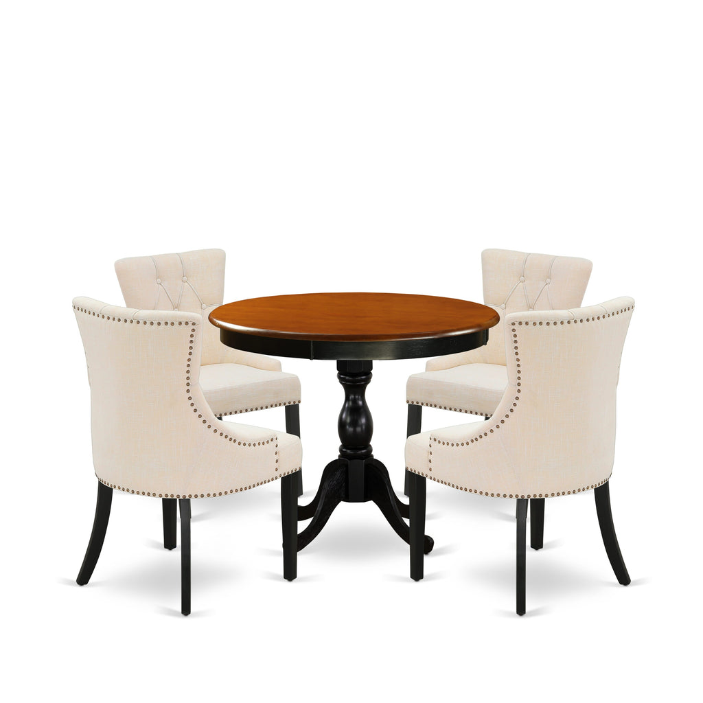 AMFR5-VTE-3S Elegant Dining Set 5-Piece Ensemble with Round Table and Linen Fabric Chairs in Sophisticated Black-Cherry Blend, 36x36