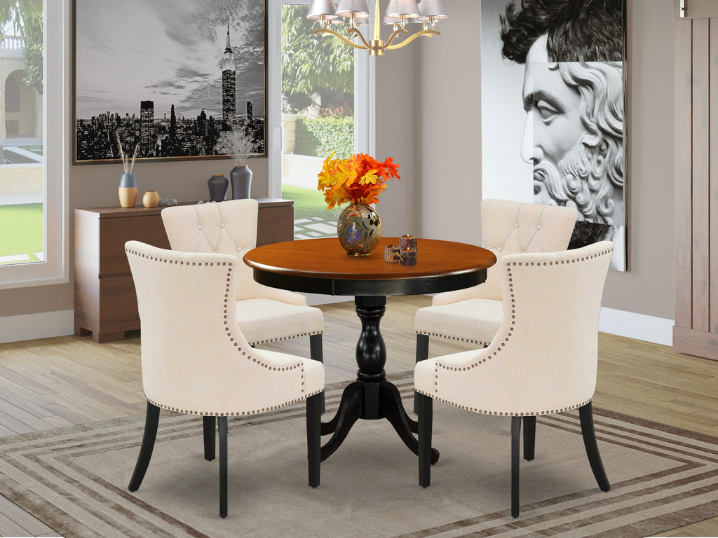 AMFR5-VTE-3S Elegant Dining Set 5-Piece Ensemble with Round Table and Linen Fabric Chairs in Sophisticated Black-Cherry Blend, 36x36