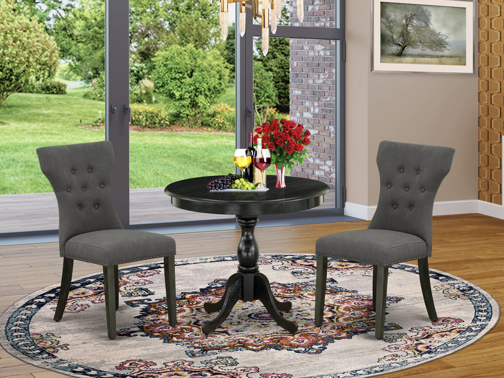 AMGA3-JNR-8T 3-Piece Set Round Pedestal Dining Table & Two Upholstered Linen Chairs in Dark Gotham, 36x36 In.