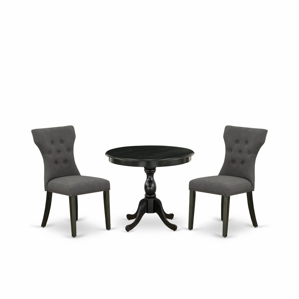 AMGA3-JNR-8T 3-Piece Set Round Pedestal Dining Table & Two Upholstered Linen Chairs in Dark Gotham, 36x36 In.