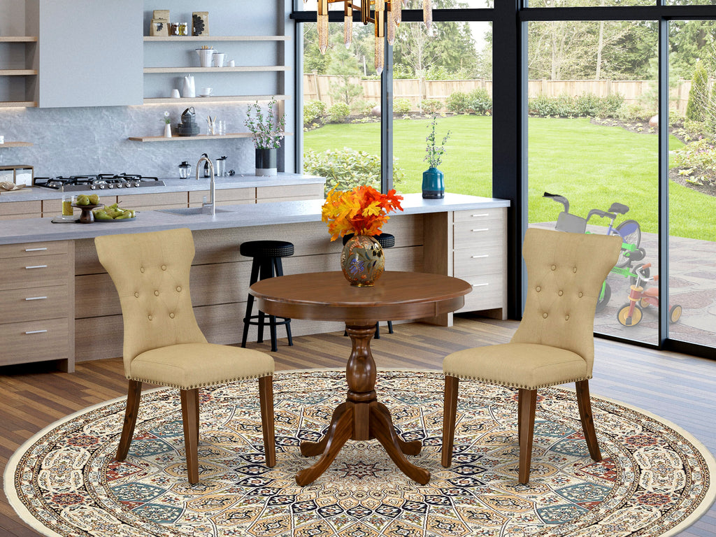 AMGA3-2M5-BQ Compact 3-Piece Dining Set Circular Wooden Table & 2 Upholstered Chairs, Walnut Finish, 36 Inch