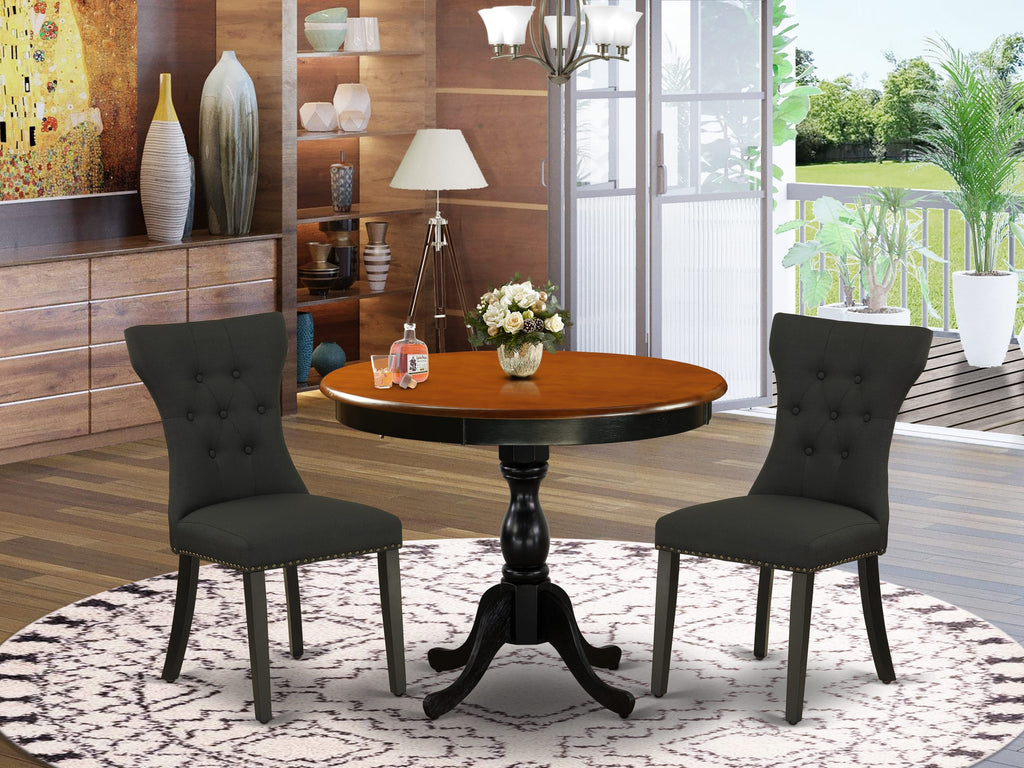 AMGA3-HQH-6O Contemporary Trio Dining Ensemble with Round Pedestal Table & Two Black Upholstered Parsons Chairs, 36x36 Inch, Black & Cherry