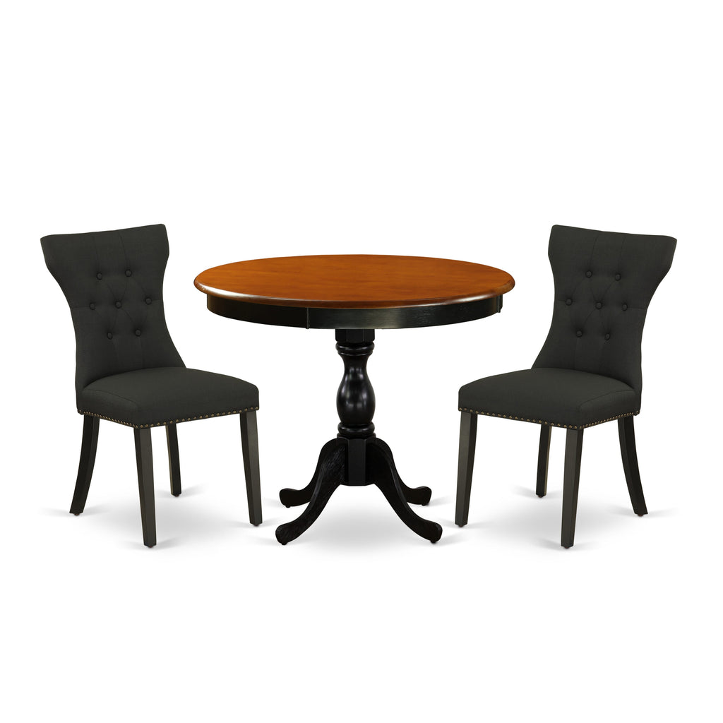 AMGA3-HQH-6O Contemporary Trio Dining Ensemble with Round Pedestal Table & Two Black Upholstered Parsons Chairs, 36x36 Inch, Black & Cherry