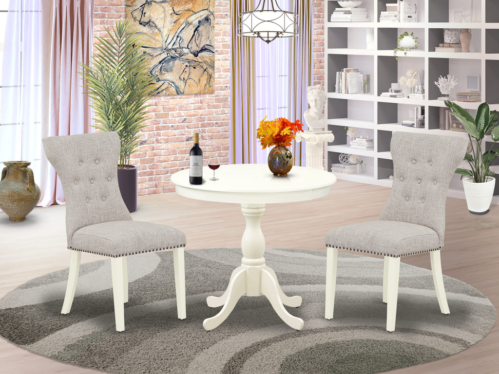 AMGA3-3BM-77  Round Dining Set Stylish Linen Table with a Classic Pedestal Base and Pair of Doeskin Chairs, Compact Size