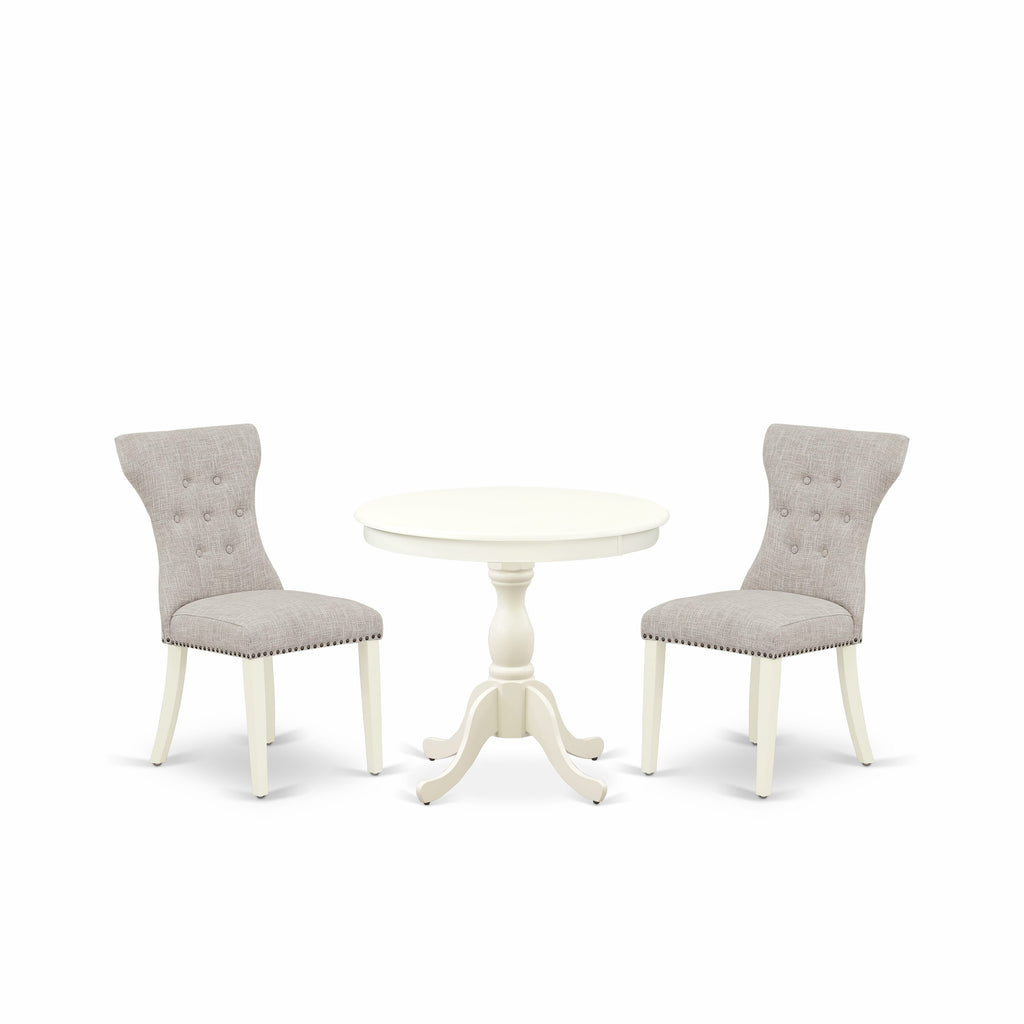 AMGA3-3BM-77  Round Dining Set Stylish Linen Table with a Classic Pedestal Base and Pair of Doeskin Chairs, Compact Size