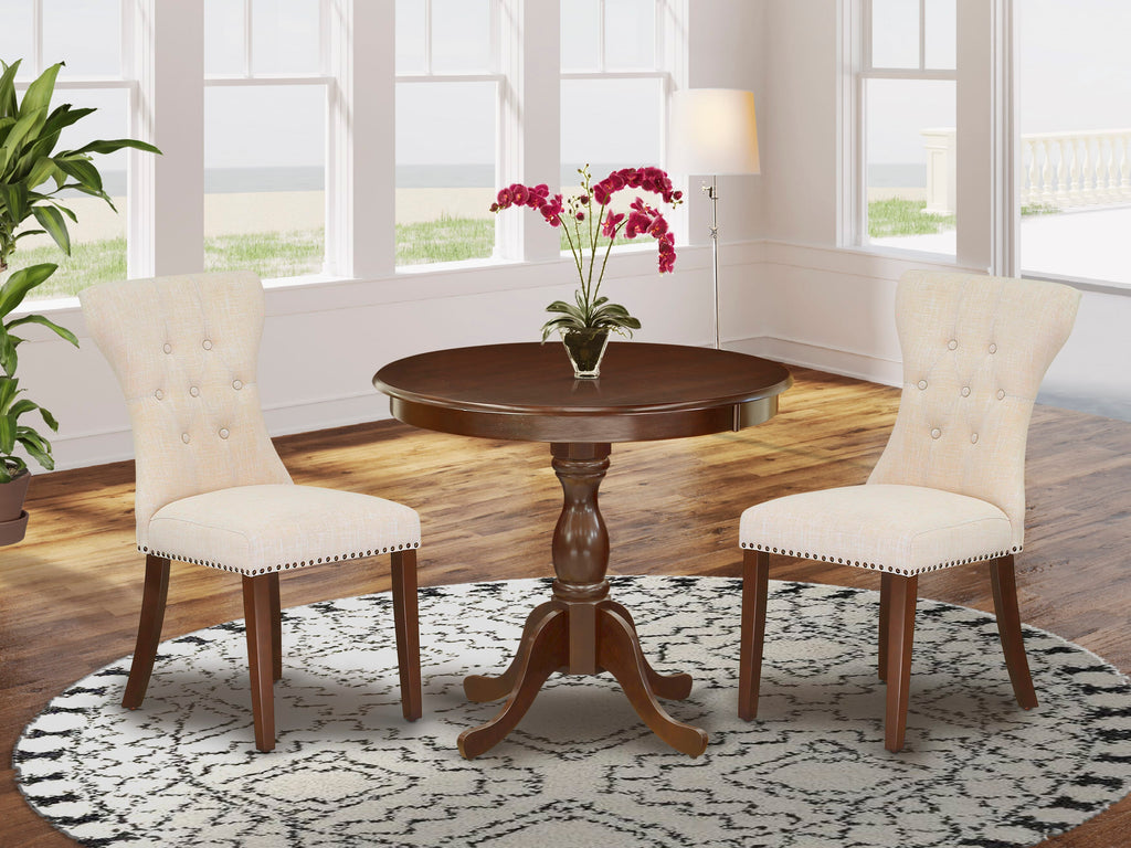 3-Piece Dining Set with Round Table and Beige Upholstered Chairs,  AMGA3-2QZ-BQ, Mahogany Finish