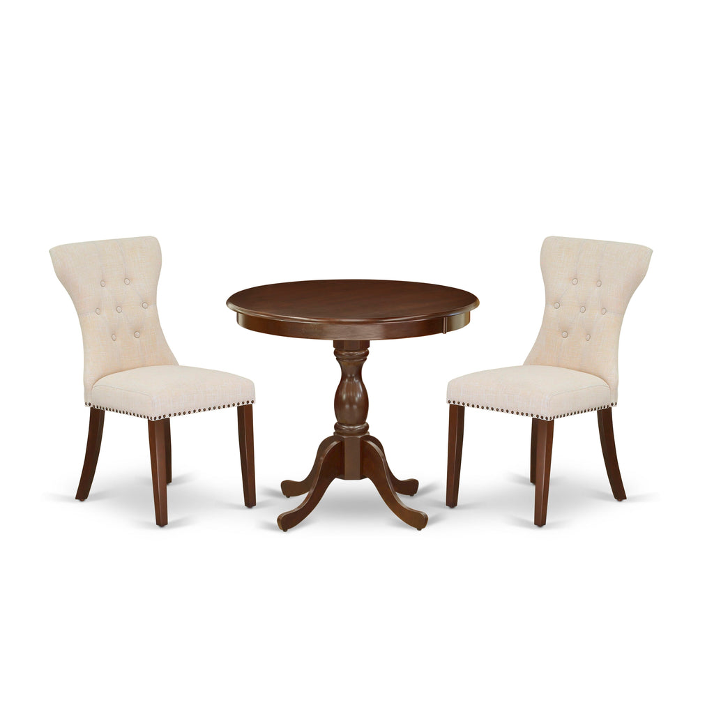 3-Piece Dining Set with Round Table and Beige Upholstered Chairs,  AMGA3-2QZ-BQ, Mahogany Finish