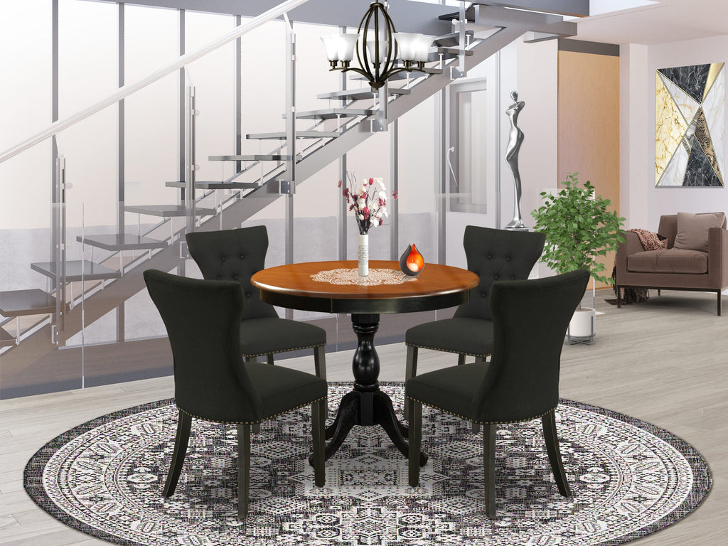 AMGA5-XYZ-R8 Stylish 5-Piece Dining Ensemble with Pedestal Table and 4 Elegant Black Upholstered Chairs
