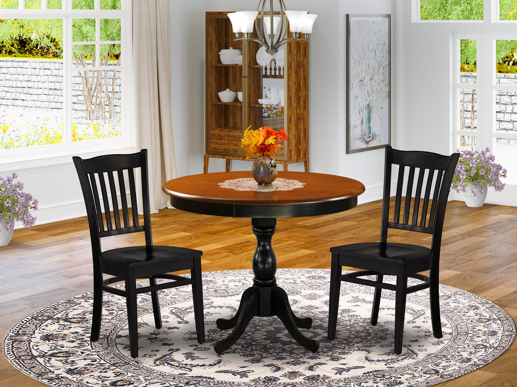 AMGR3-CQT-N Compact Dining Set Round Pedestal Table and 2 Chairs for Cozy Spaces in Black & Cherry, 36