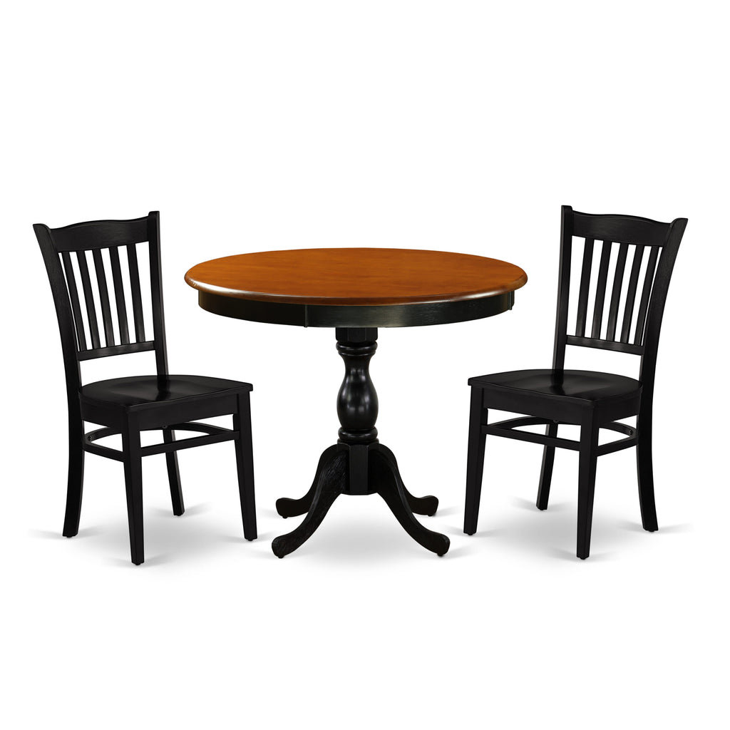 AMGR3-CQT-N Compact Dining Set Round Pedestal Table and 2 Chairs for Cozy Spaces in Black & Cherry, 36