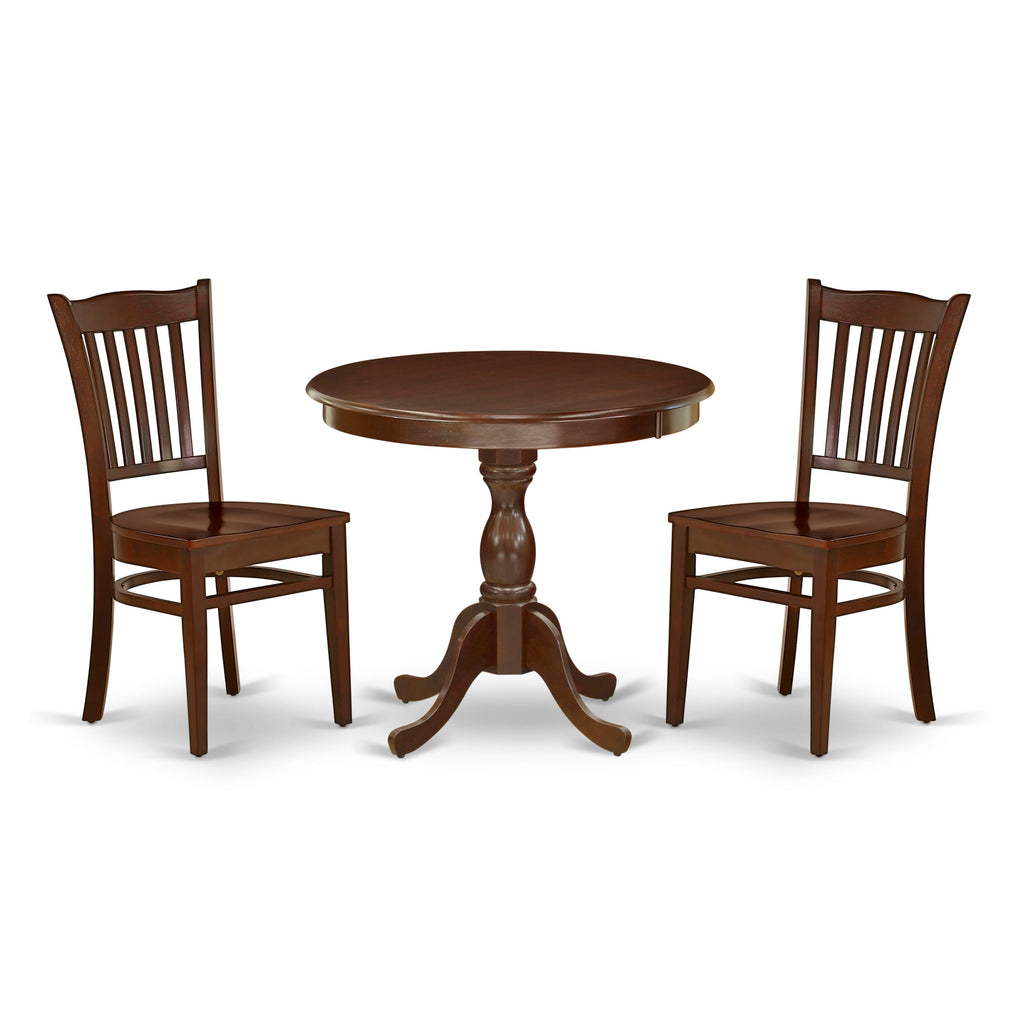 AMGR3-MUW-F Elegant 3 Piece Mahogany Dining Ensemble with Round Pedestal Table and Wood Chairs