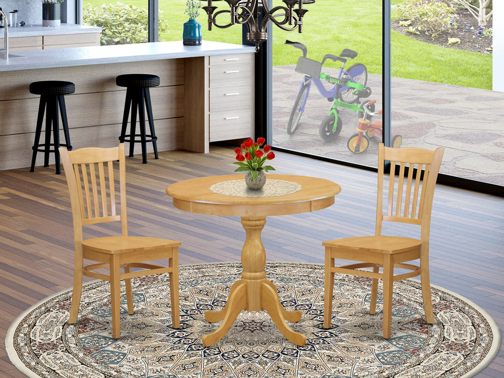 AMGR3-A62-6 3-Piece Dining Set for Compact Areas with Round Pedestal Table and Two Chairs in Oak Finish
