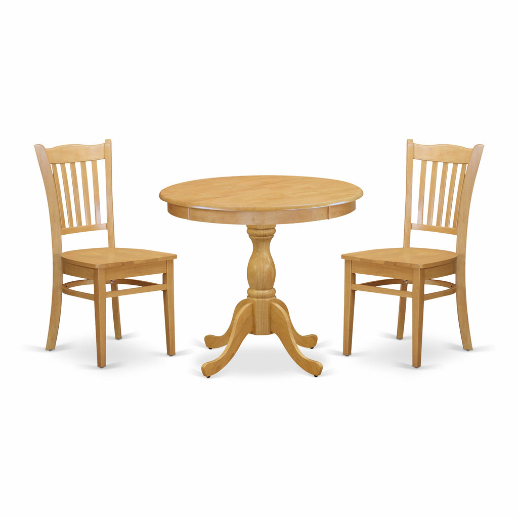 AMGR3-A62-6 3-Piece Dining Set for Compact Areas with Round Pedestal Table and Two Chairs in Oak Finish
