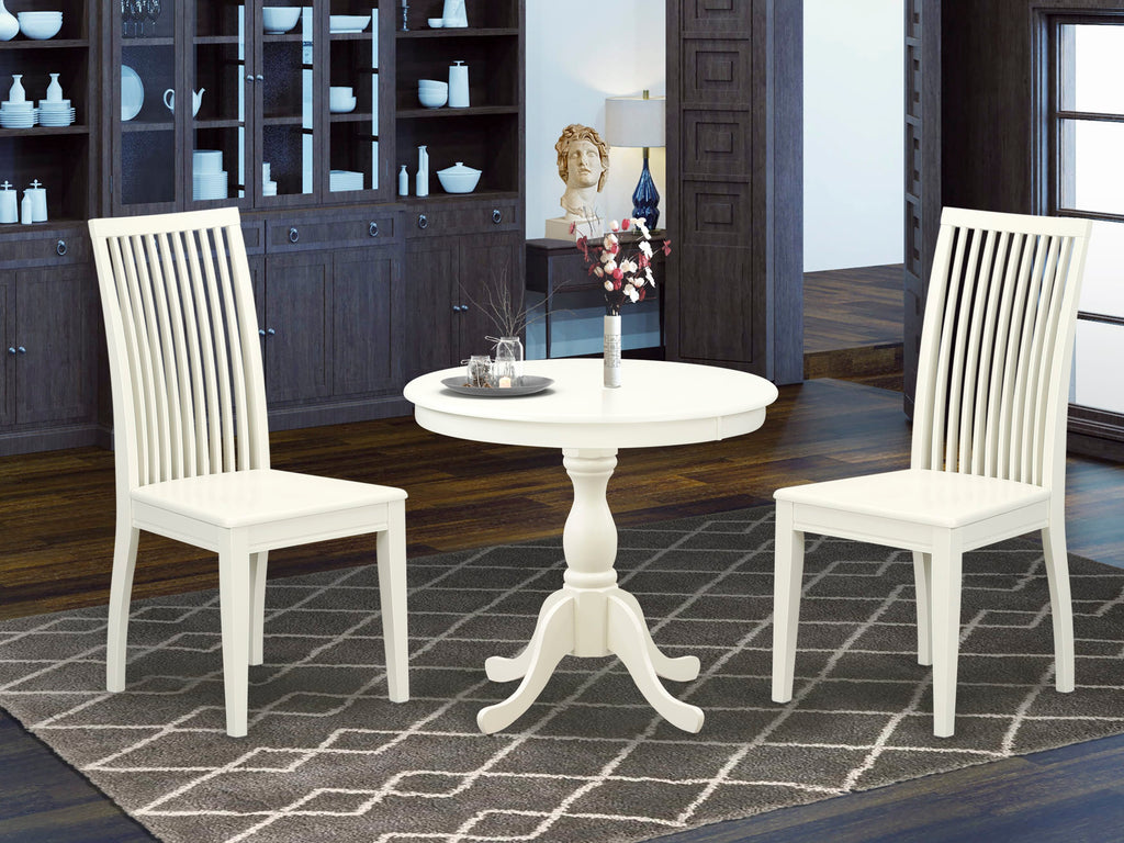AMIP3-YLL-W 3 Piece Dining Set Round White Table with Pedestal Base and 2 Chairs for Dining Room
