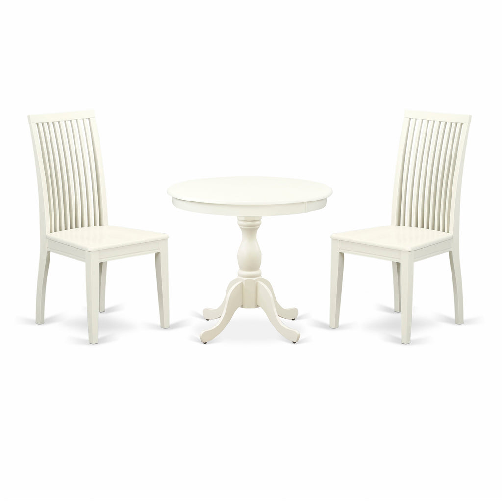 AMIP3-YLL-W 3 Piece Dining Set Round White Table with Pedestal Base and 2 Chairs for Dining Room