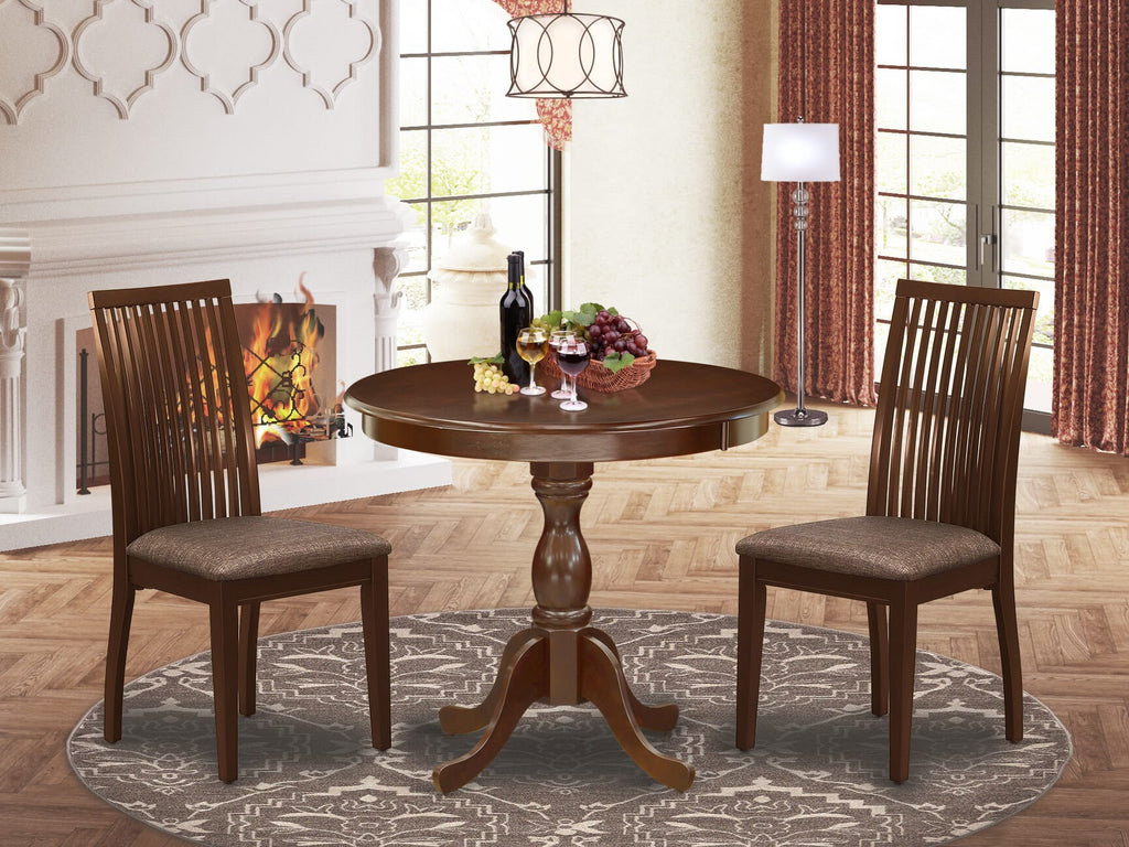 AMIP3-OH5-O Elegant 3-Piece Round Dining Set with Pedestal Table & Upholstered Chairs in Mahogany