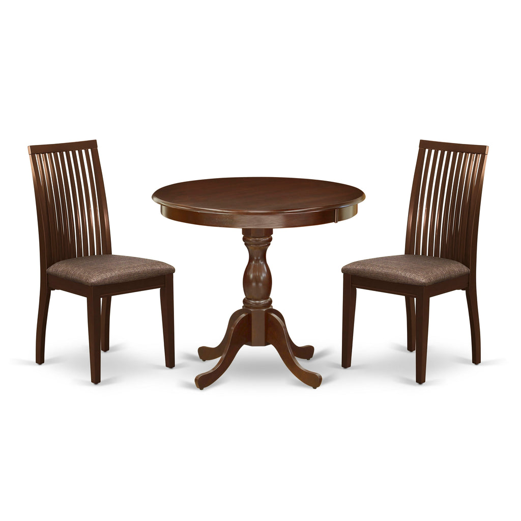 AMIP3-OH5-O Elegant 3-Piece Round Dining Set with Pedestal Table & Upholstered Chairs in Mahogany