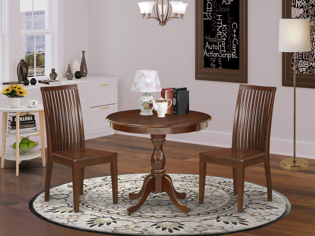 AMIP3-CEB-G Compact 3-Piece Dining Set with Round Table and Two Chairs, Contemporary Design, Mahogany