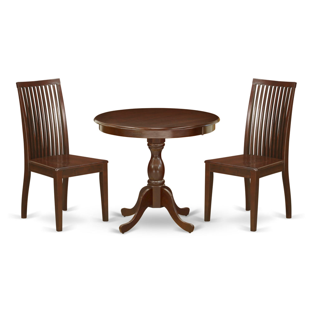AMIP3-CEB-G Compact 3-Piece Dining Set with Round Table and Two Chairs, Contemporary Design, Mahogany