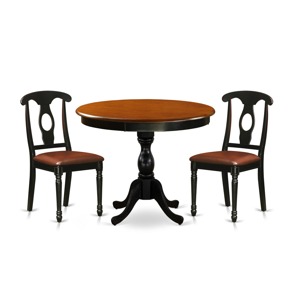 AMKE3-KXH-YY Elegant 3-Piece Circular Dining Ensemble with Pedestal Table & Faux Leather Seating, 36x36 - Cherry & Ebony