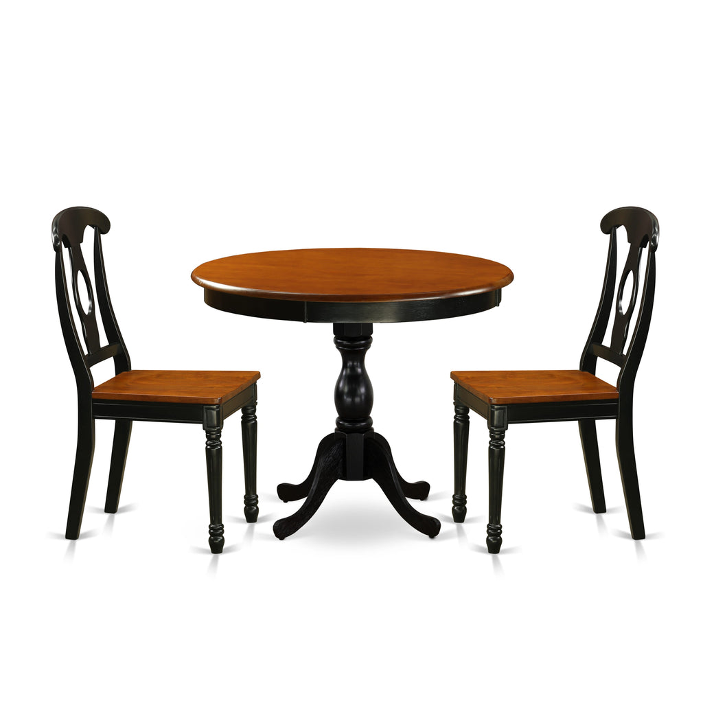 AMKE3-RIK-6 Elegant Round Dining Ensemble with Pedestal Table & 2 Chairs, Black & Cherry Tone