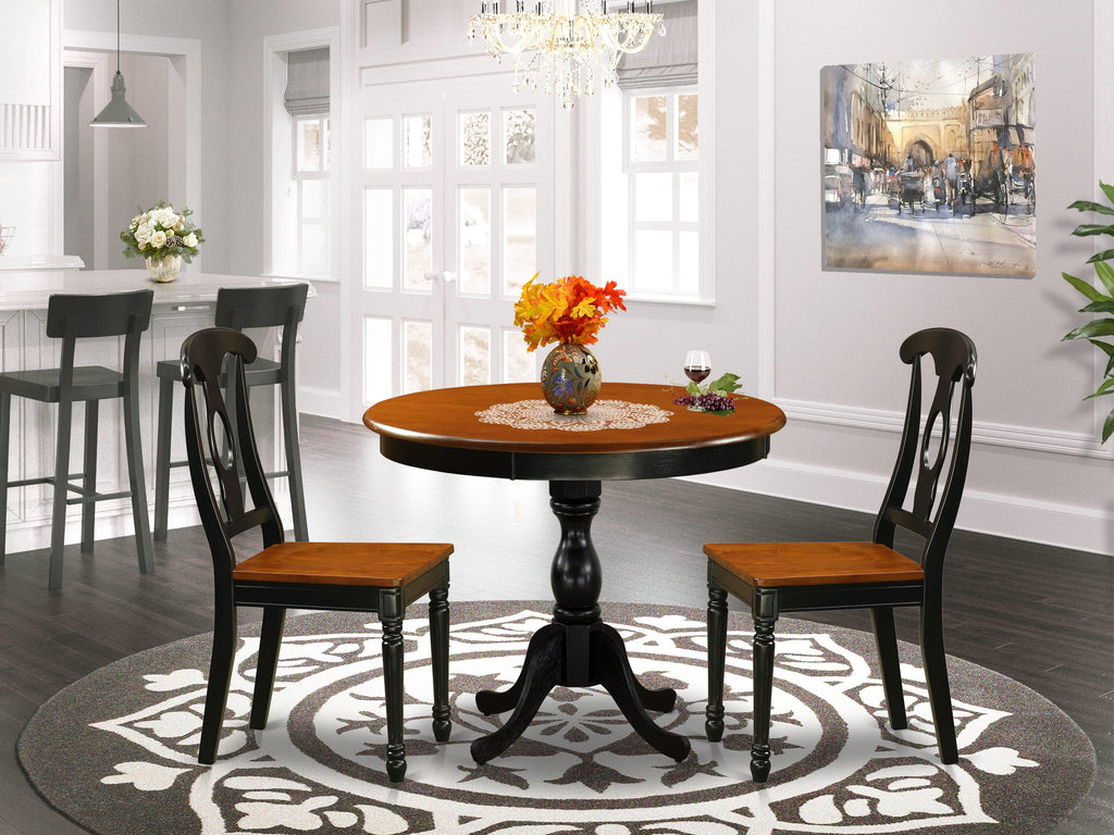 AMKE3-RIK-6 Elegant Round Dining Ensemble with Pedestal Table & 2 Chairs, Black & Cherry Tone
