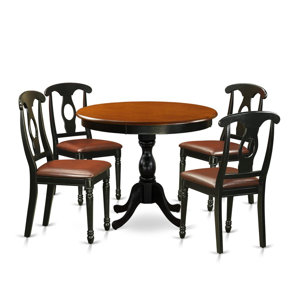 AMKE5-CFI-J4 5-Piece Dining Round Table Set with Pedestal and 4 Faux Leather Chairs, Black & Cherry 36x36