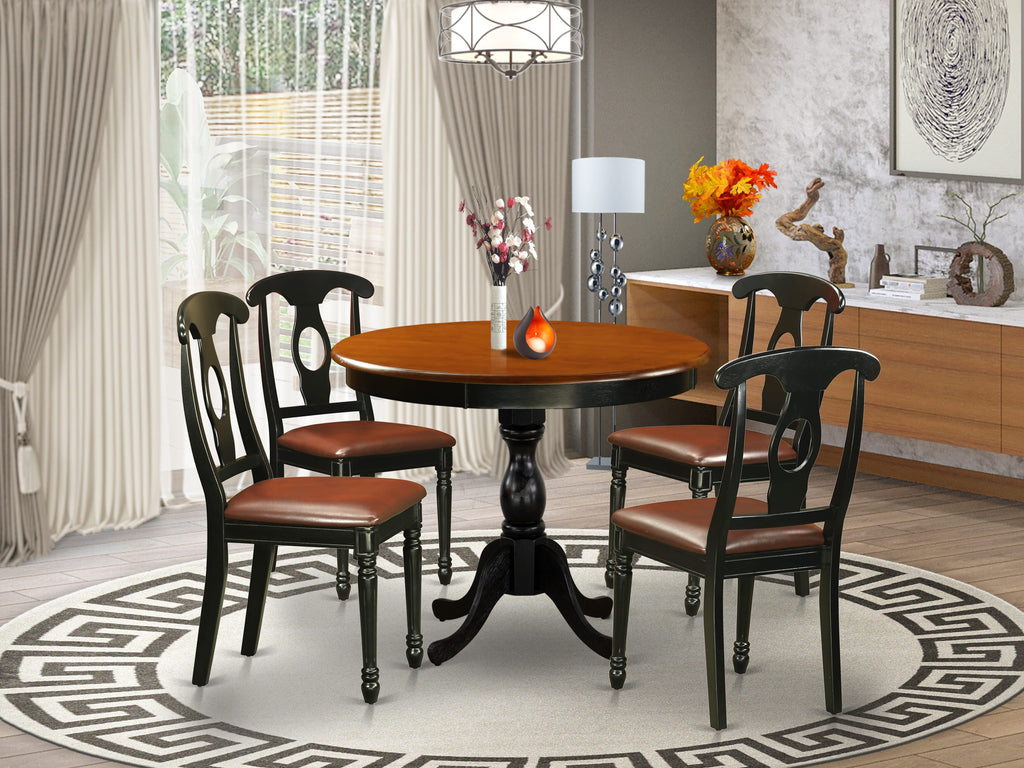 AMKE5-CFI-J4 5-Piece Dining Round Table Set with Pedestal and 4 Faux Leather Chairs, Black & Cherry 36x36