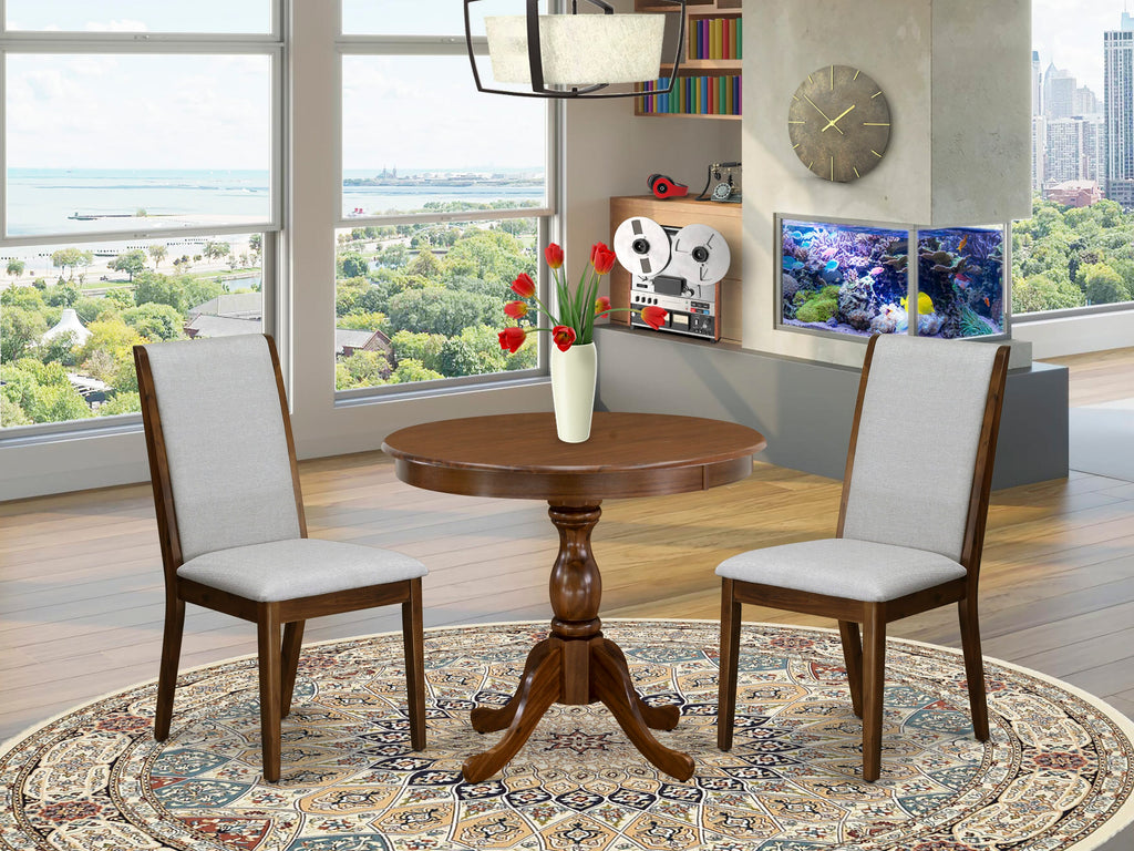 Stylish AMLA3-EZJ-XD 3-Piece Set Round Dining Table with Pedestal Base and Two Grey Chairs - Walnut Finish, 36x36