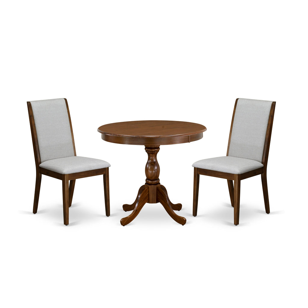 Stylish AMLA3-EZJ-XD 3-Piece Set Round Dining Table with Pedestal Base and Two Grey Chairs - Walnut Finish, 36x36